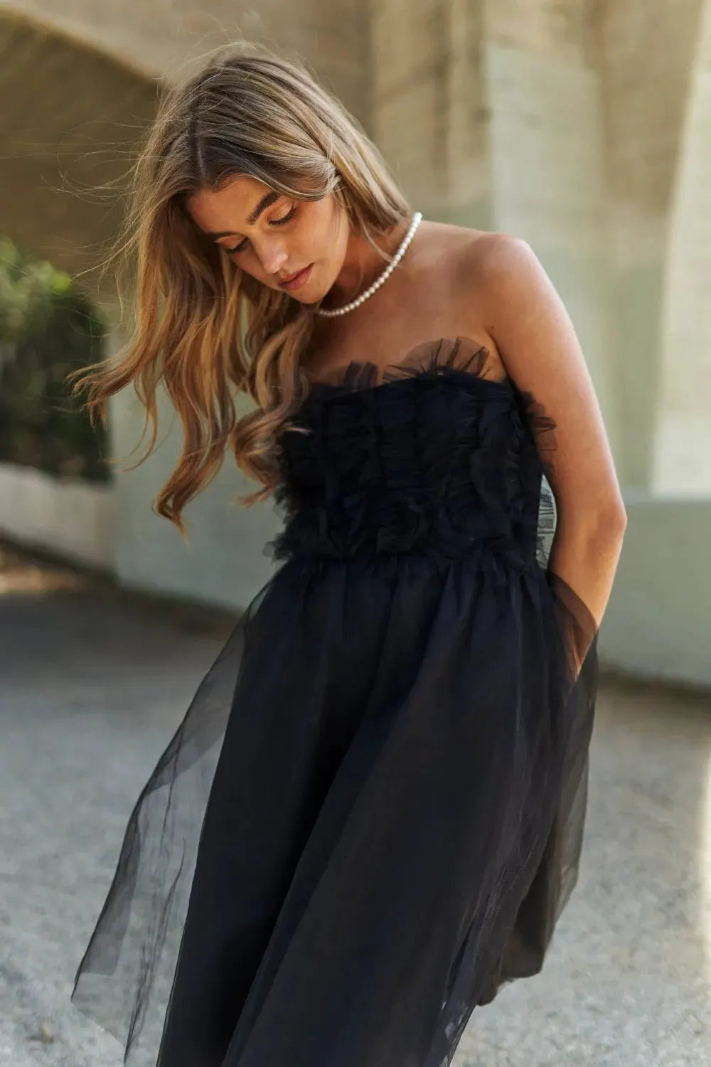 J.NNA Mesh Ruffle Tube Top Swing Dress by Partner Label