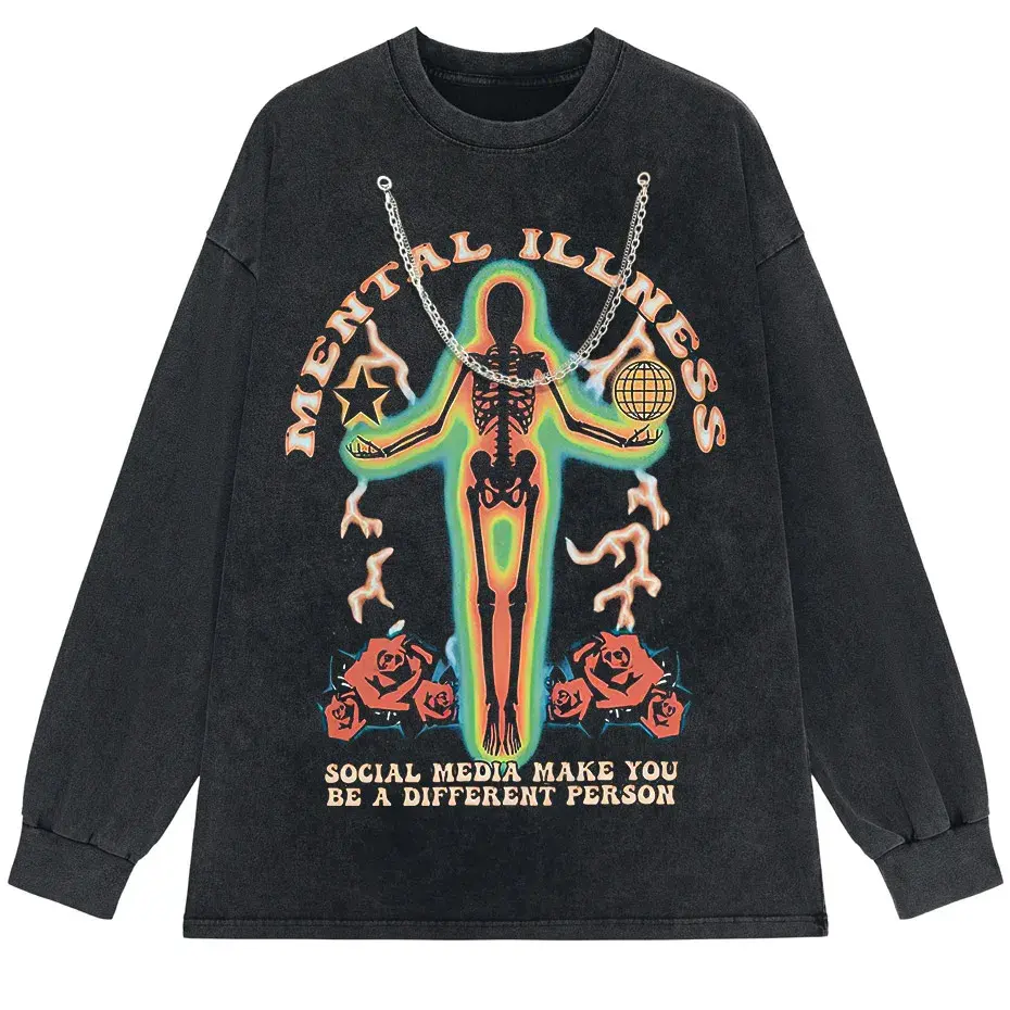 Skeleton Rose Graphic Vintage Washed Cotton T-Shirt Streetwear by Vimost Shop