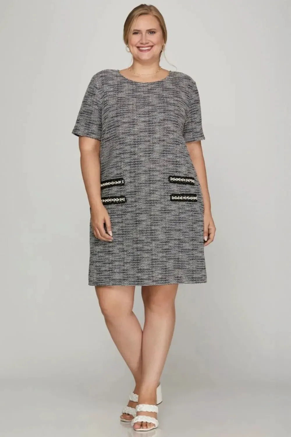 She + Sky Full Size Short Sleeve Pearl Studded Trim Knit Tweed Dress Plus Size by She + Sky