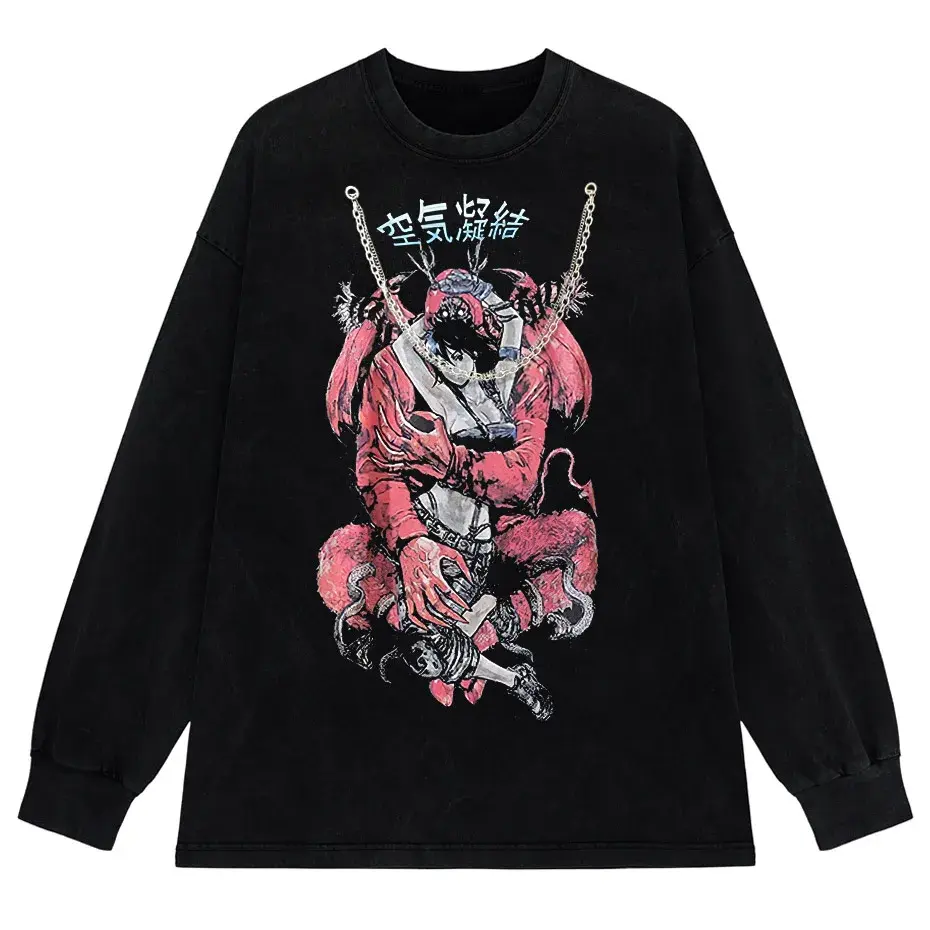 Retro Washed Oversized T-Shirt – Japanese Kanji Anime Graphic Cotton Tee by Vimost Shop