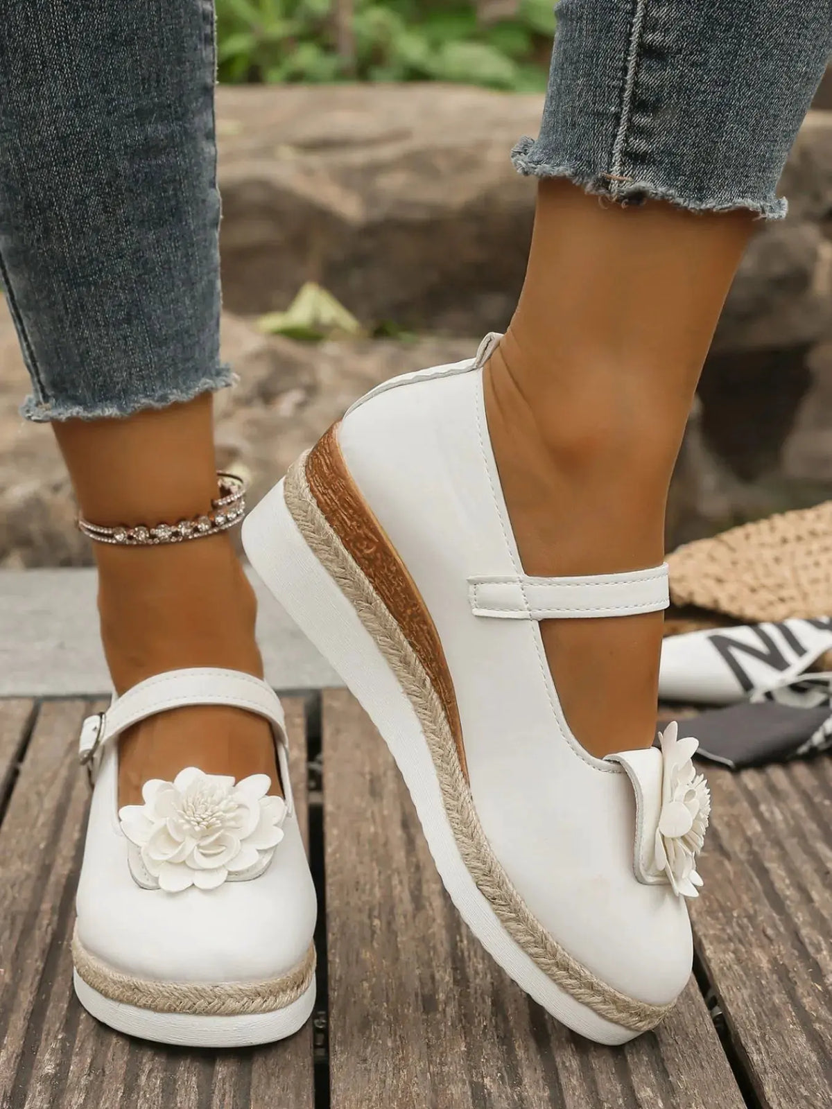 Flower Embellished Mary Jane Loafers by Partner Label