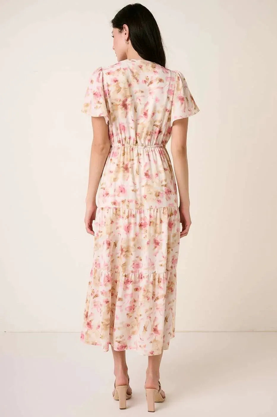 Mittoshop Flower Print Flutter Sleeve V Slit Maxi Dress by Mittoshop