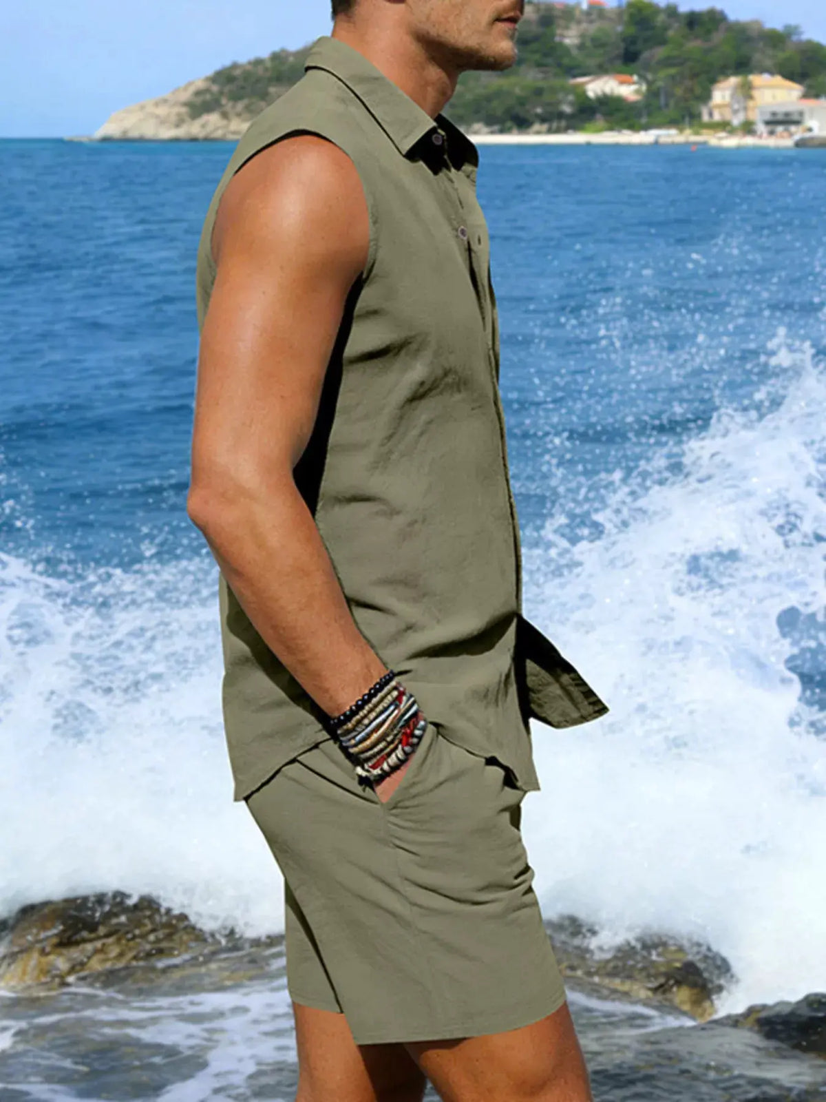Men's Full Size Button Up Sleeveless Top and Shorts Plus Size by Trendsi
