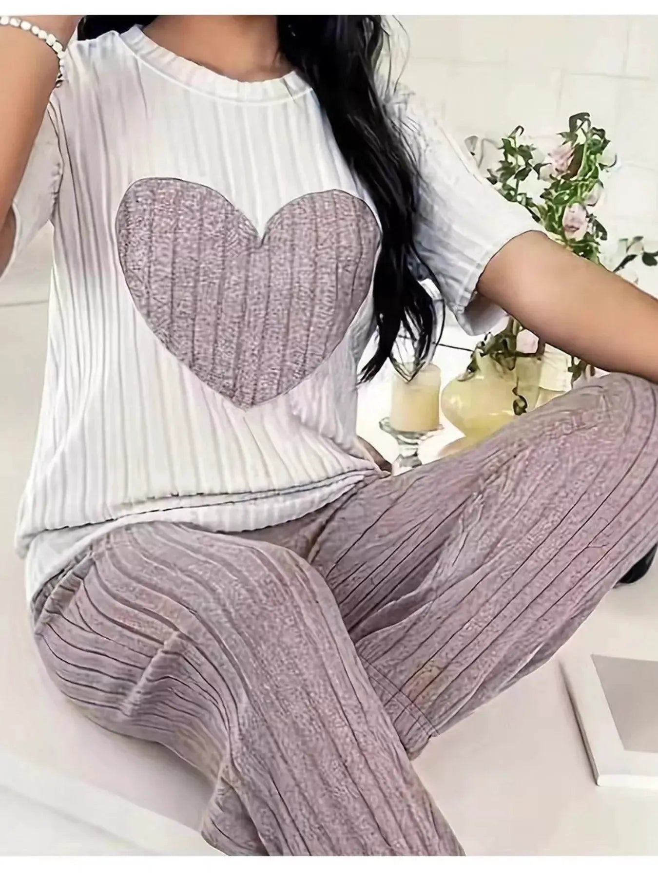 Heart Ribbed Knit Top and Pants Lounge Set by Partner Label
