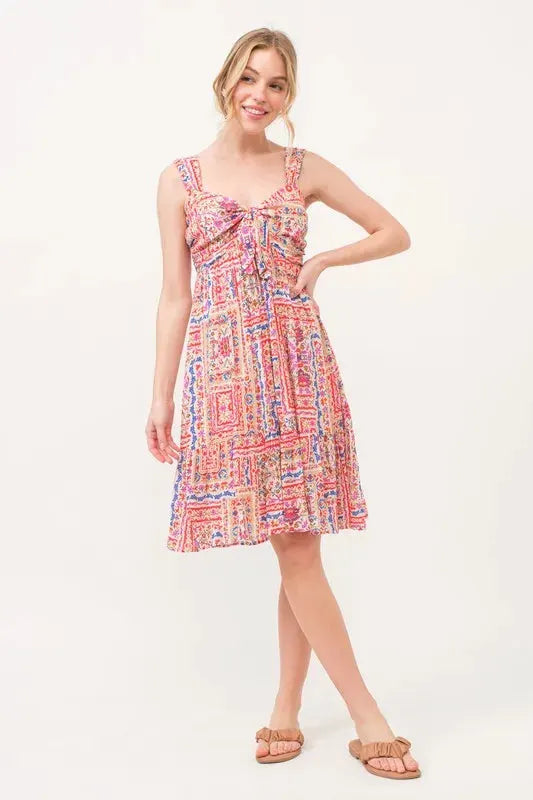 And The Why Tied Front Smocked Back Tiered Boho Printed Dress by And The Why