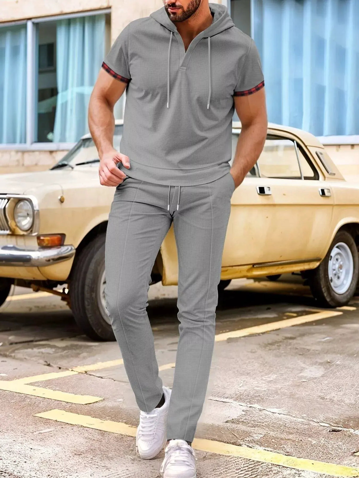 Men's Full Size Casual Short-Sleeve Hoodie and Pants Set Plus Size by Trendsi