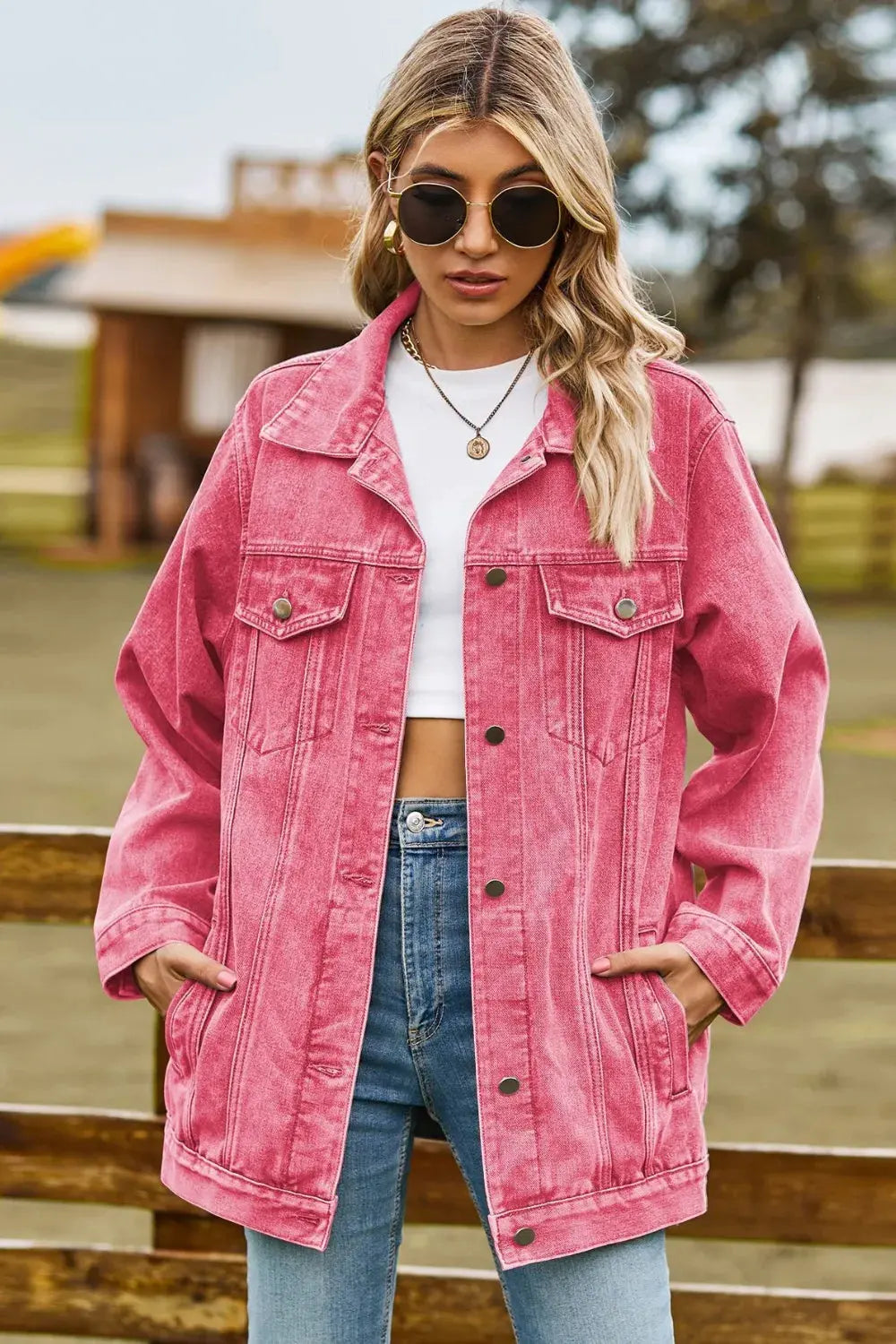 Buttoned Collared Neck Denim Jacket with Pockets by Partner Label