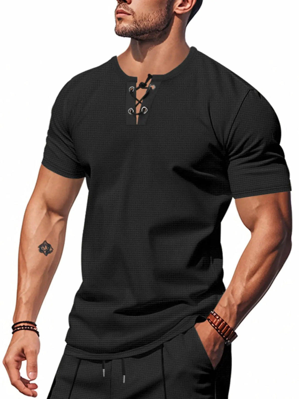 Men's Full Size Lace-Up Neck T-Shirt Plus Size by Trendsi