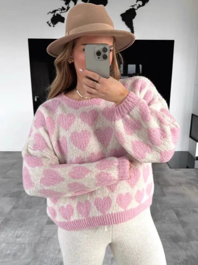 Heart Jacquard Color Contrast Short Knitted Valentine's Day Sweater by Maiden-Art