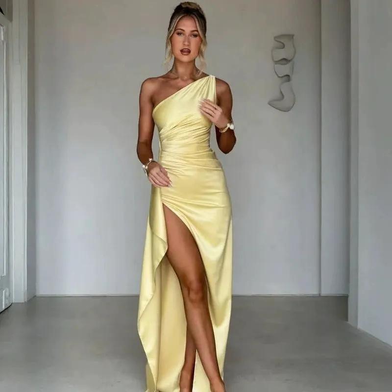 Sexy One-shoulder Backless Slit Dress Summer Elegant Slim-fit Solid Color Satin Dresses For Women by Maiden-Art