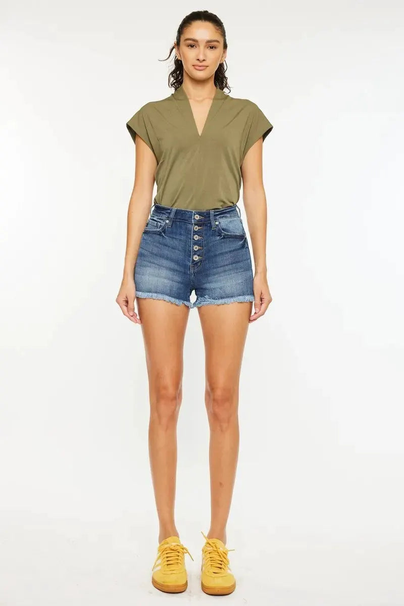 Kancan High Rise Frayed Hem Denim Shorts by Kancan