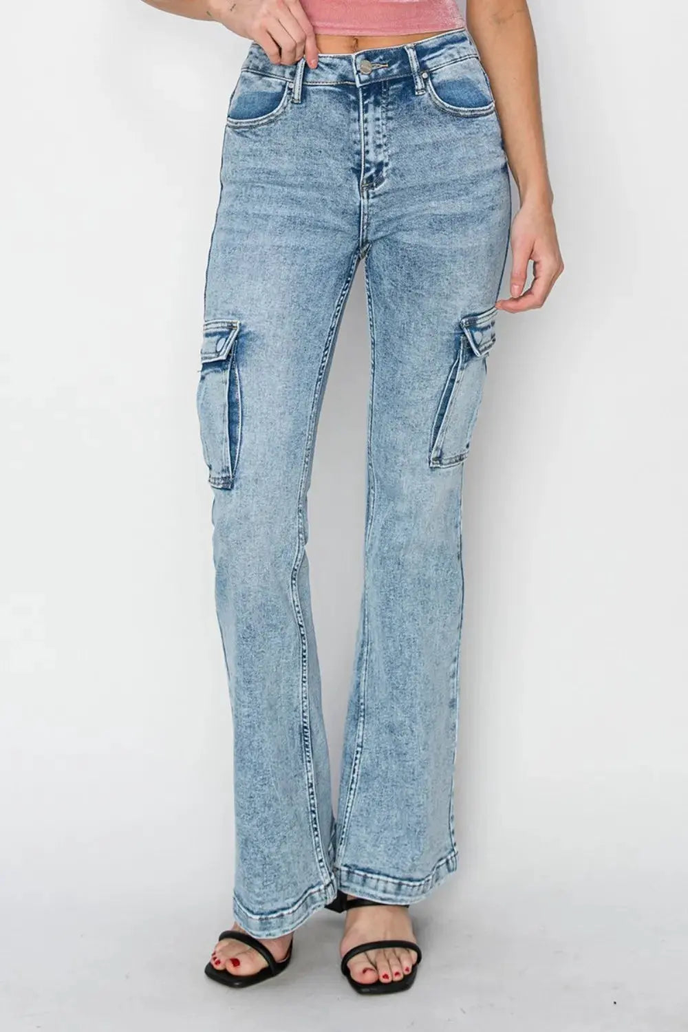 RISEN Full Size High Rise Cargo Flare Jeans by RISEN