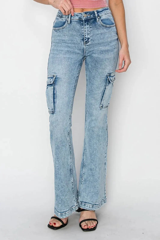 RISEN Full Size High Rise Cargo Flare Jeans by RISEN