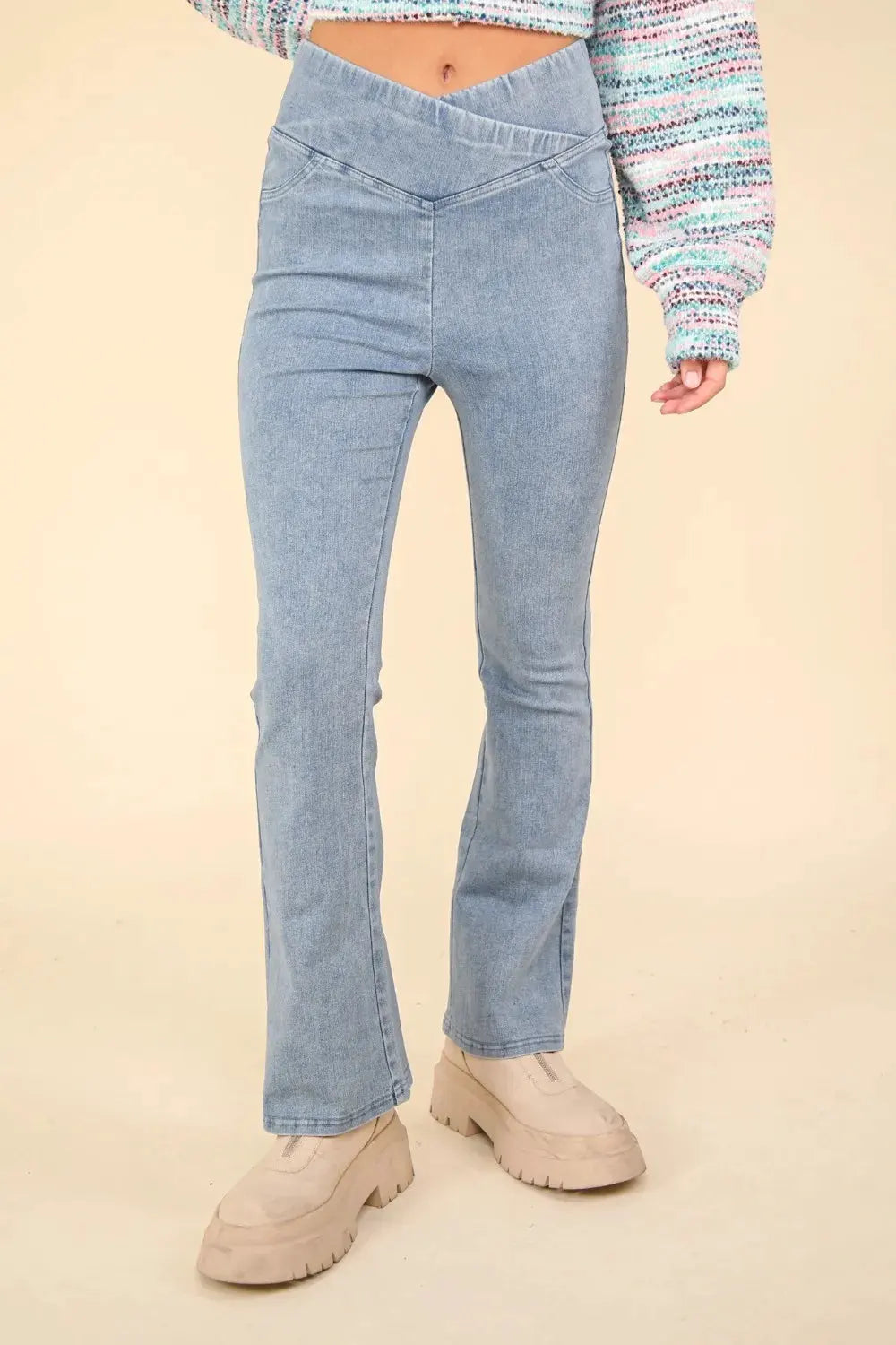 VERY J Washed Denim Stretchy Crossover Waist Leggings by Very J