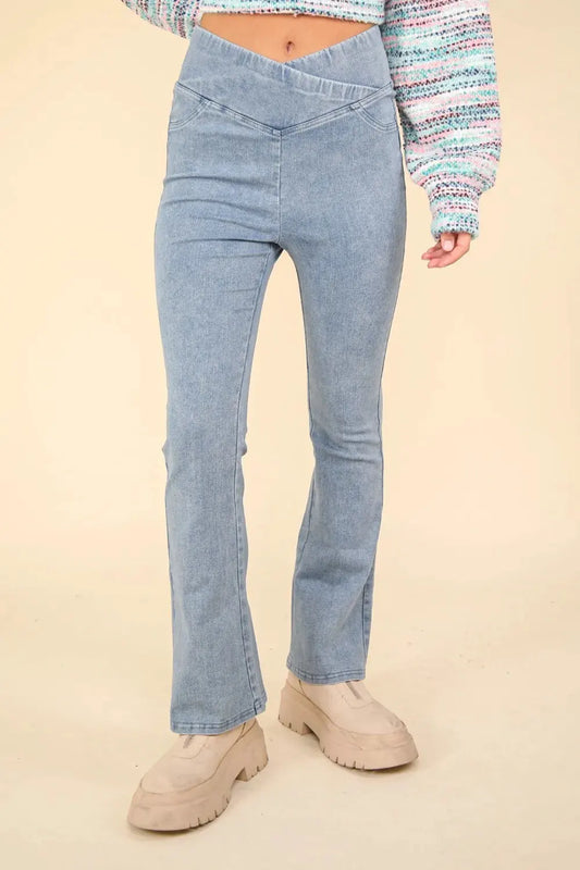 VERY J Washed Denim Stretchy Crossover Waist Leggings by Very J