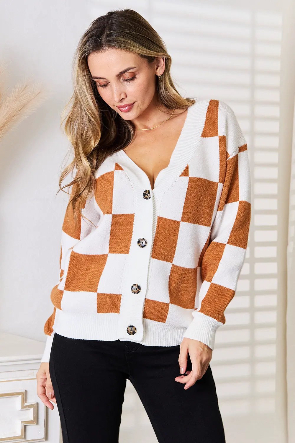 Angel Wings Double Take Button-Up V-Neck Dropped Shoulder Cardigan by Angel Wings
