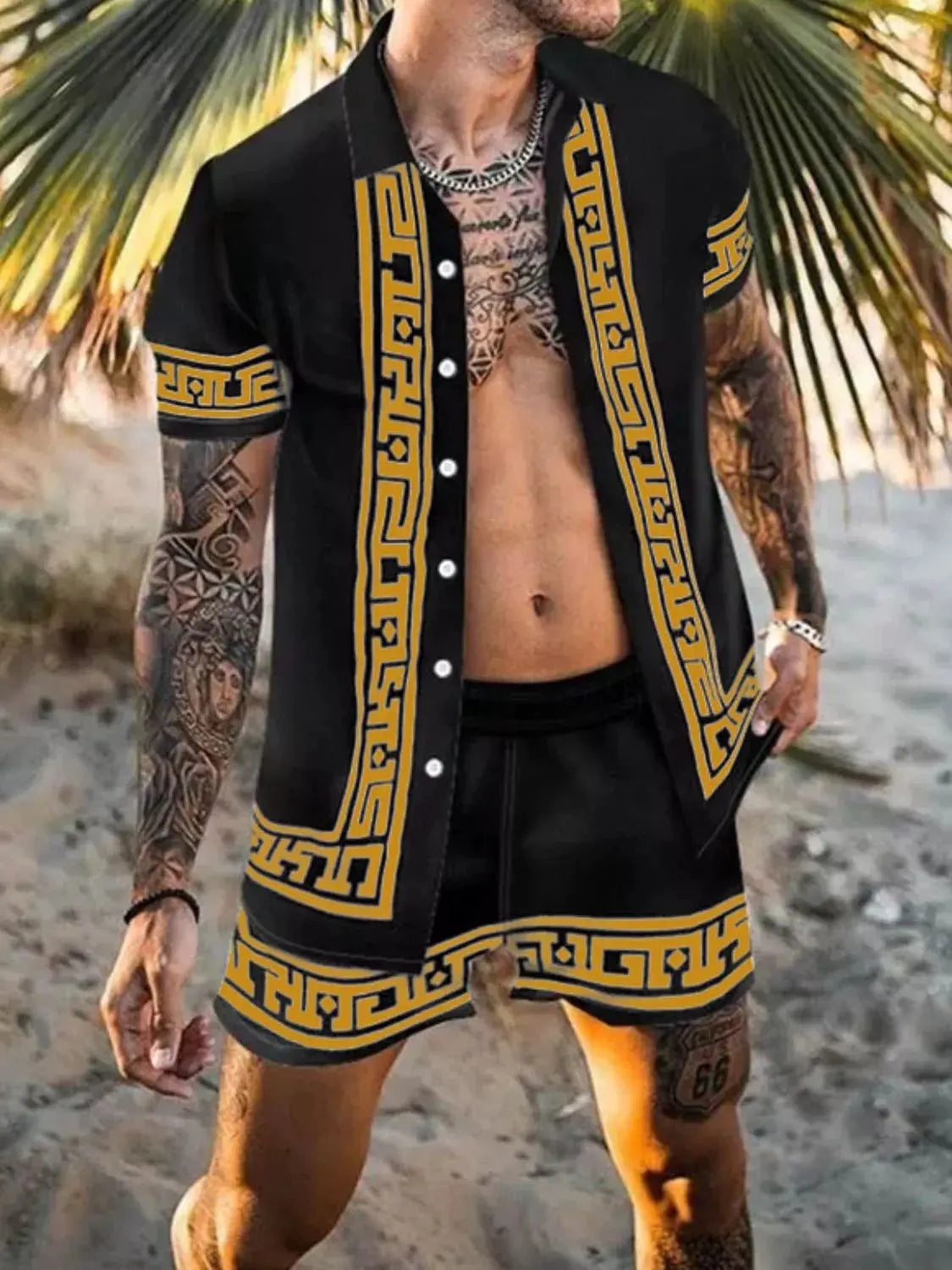 Men's Full Size Printed Collared Neck Short Sleeve Top and Shorts Set Plus Size by Trendsi