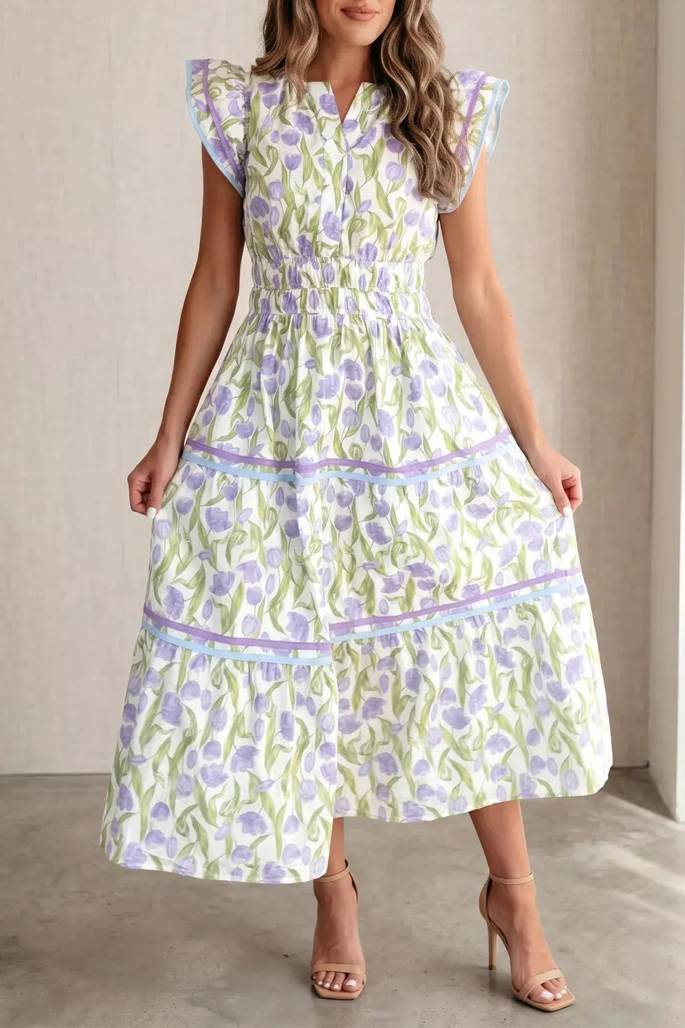 Floral Print Contrast Trim Midi Dress by Trendsi