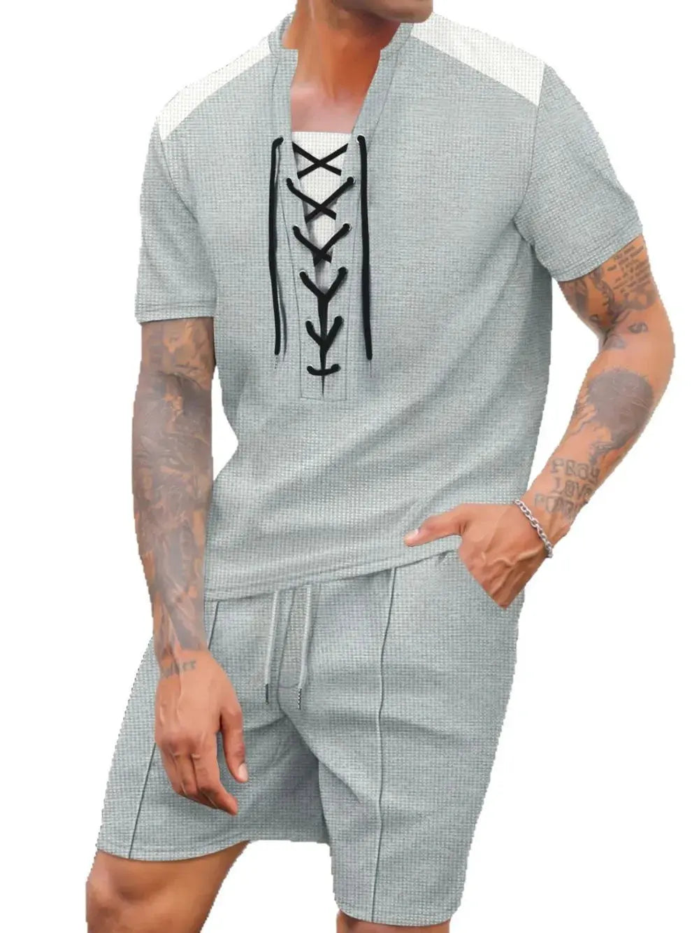 Men's Full Size Lace-Up Waffle Knit Top and Shorts Set Plus Size by Partner Label