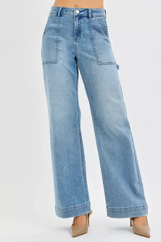RISEN Full Size High Rise Straight Leg Jeans with Front Pockets Plus Size by RISEN
