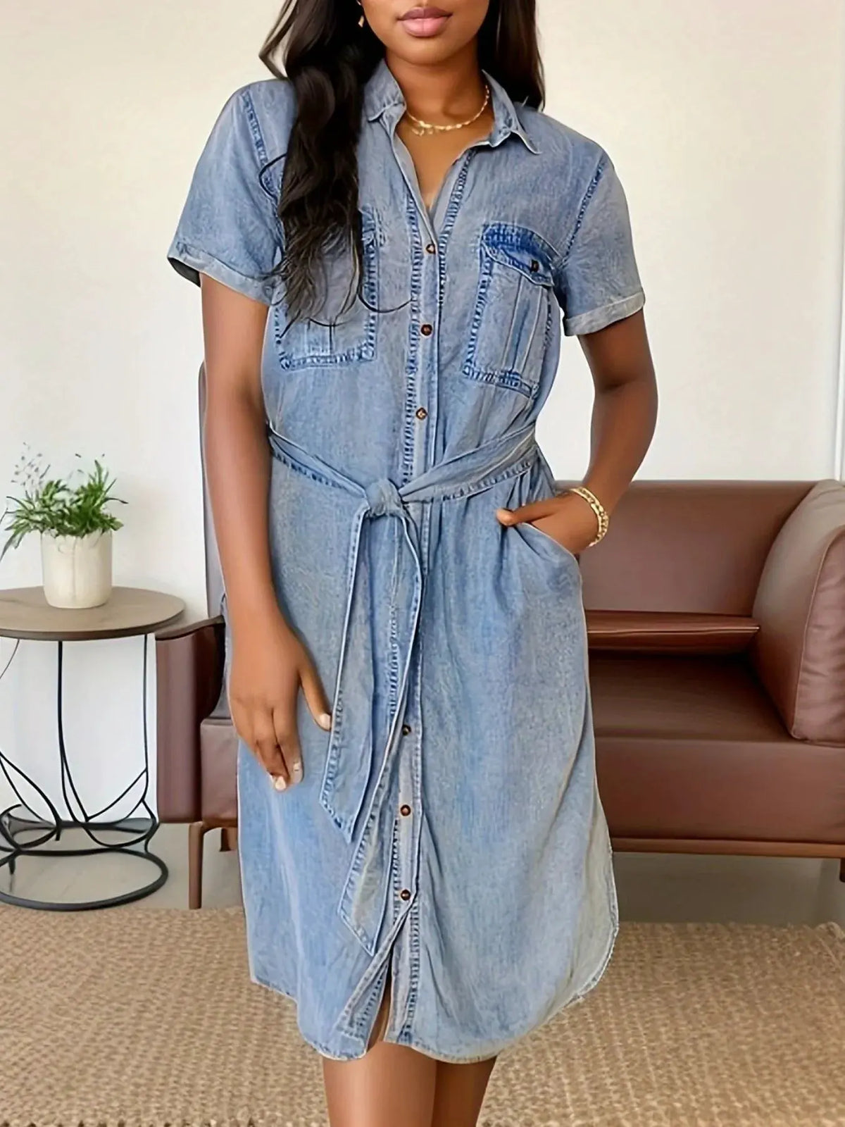 Button Front Short Sleeve Denim Dress by Partner Label