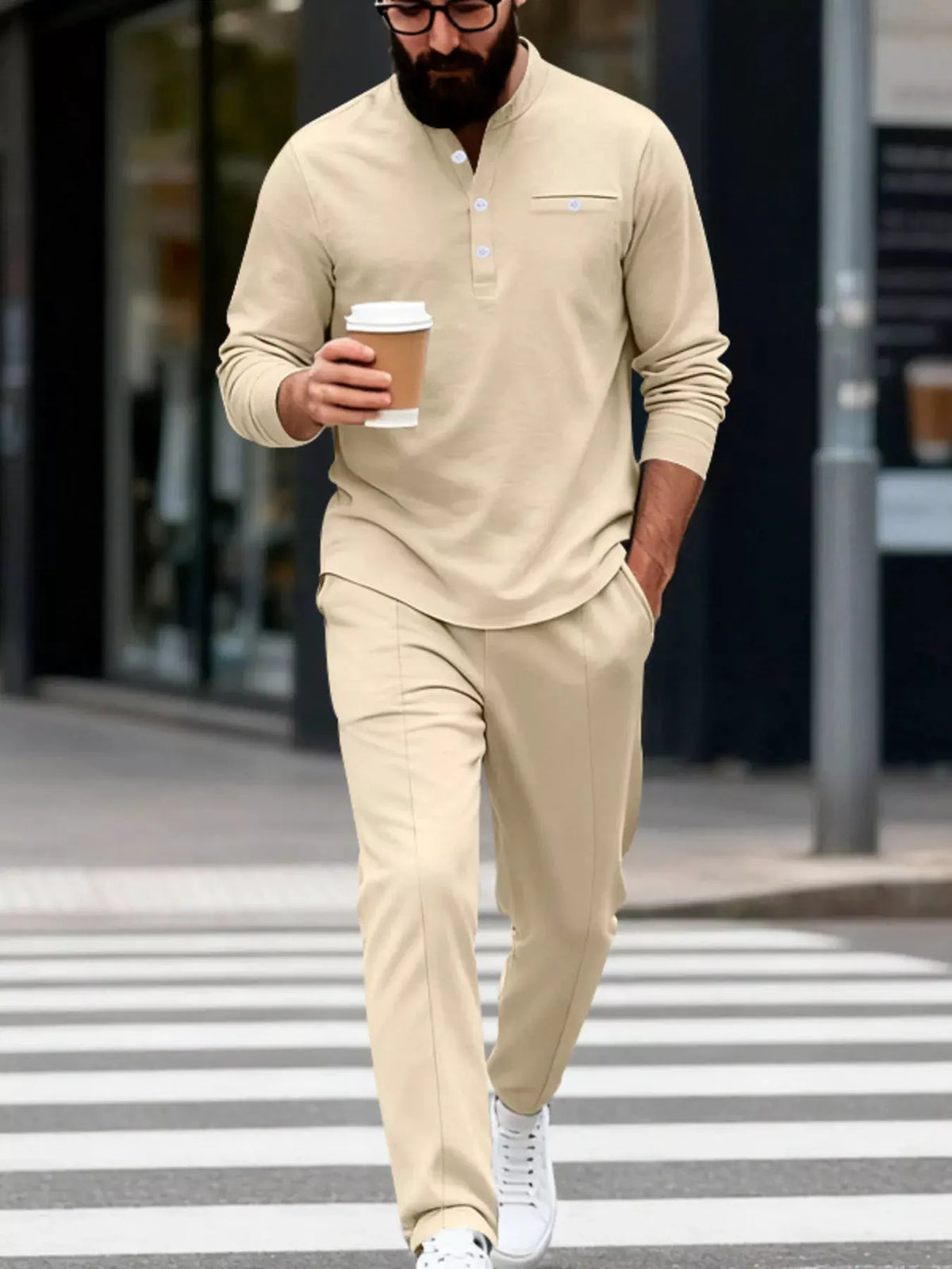 Men's Full Size Casual Long Sleeve Henley Top and Drawstring Joggers Set Plus Size by Trendsi