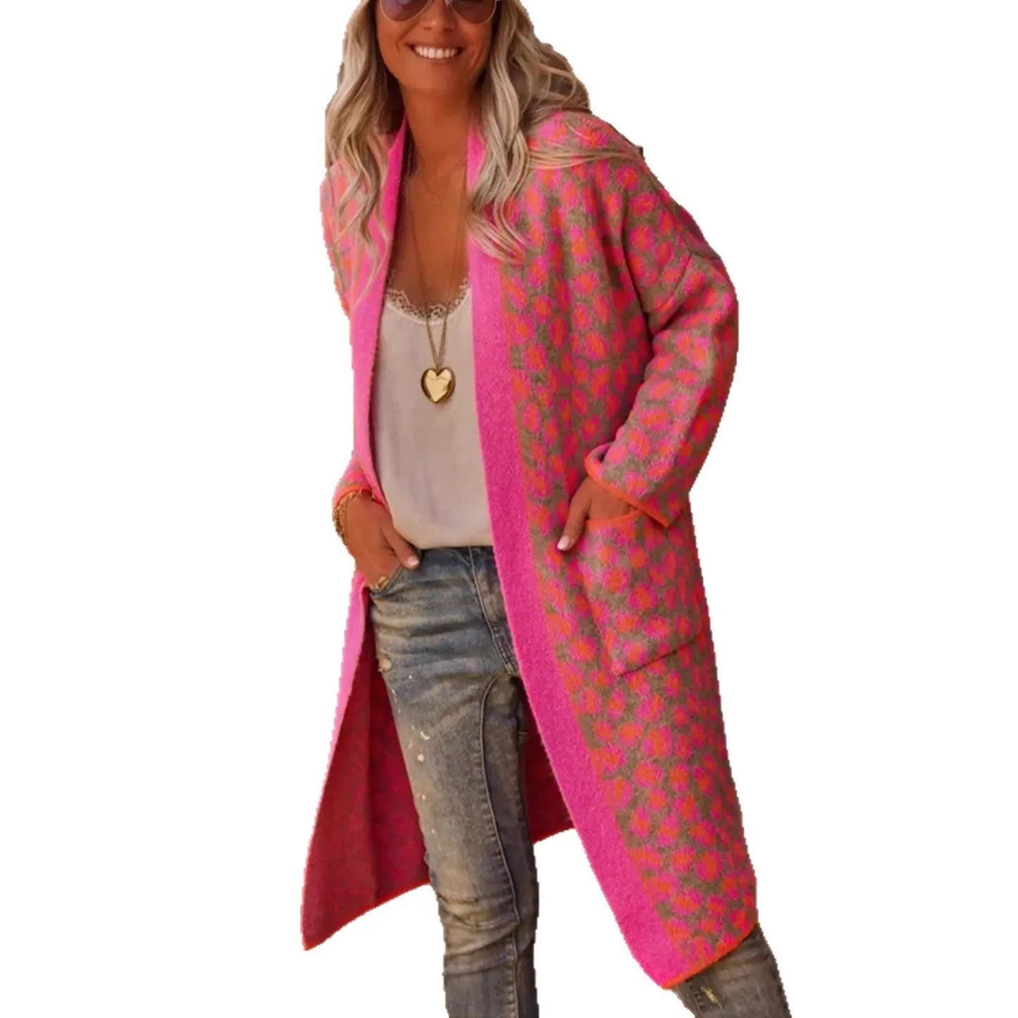 Contrast Color Leopard Print Long Knitwear Fashion Retro Pocket Sweater Women's Coat by Maiden-Art