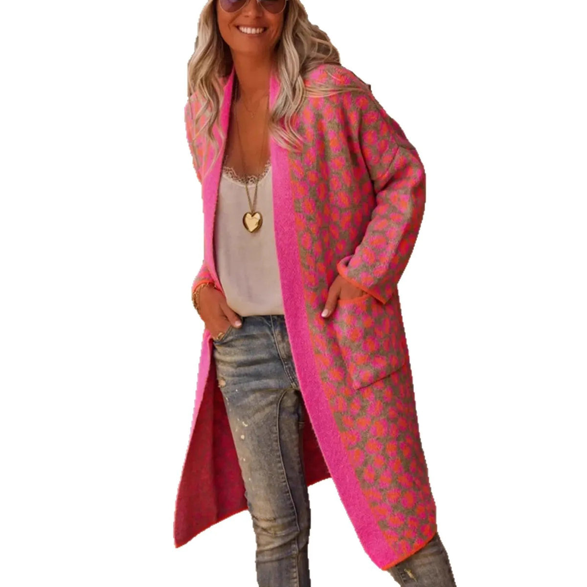 Contrast Color Leopard Print Long Knitwear Fashion Retro Pocket Sweater Women's Coat by Maiden-Art