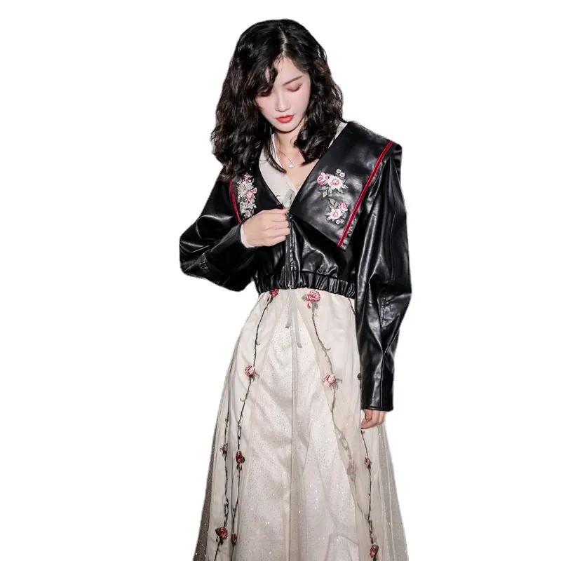 Women's Navy Collar Loose Short Small Leather Jacket by Maiden-Art