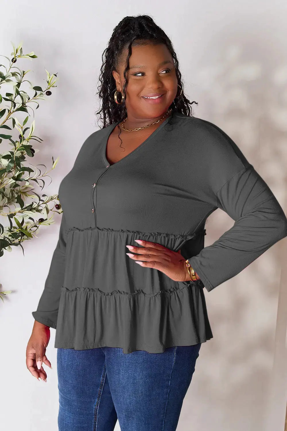 Double Take Half Button Long Sleeve Ruffle Hem Blouse by Double Take