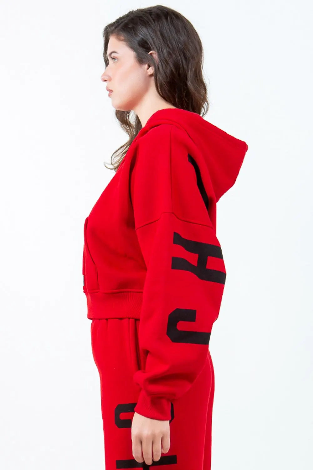 American Bazi Letter Graphic Long Sleeve Drawstring Cropped Hoodie by American Bazi