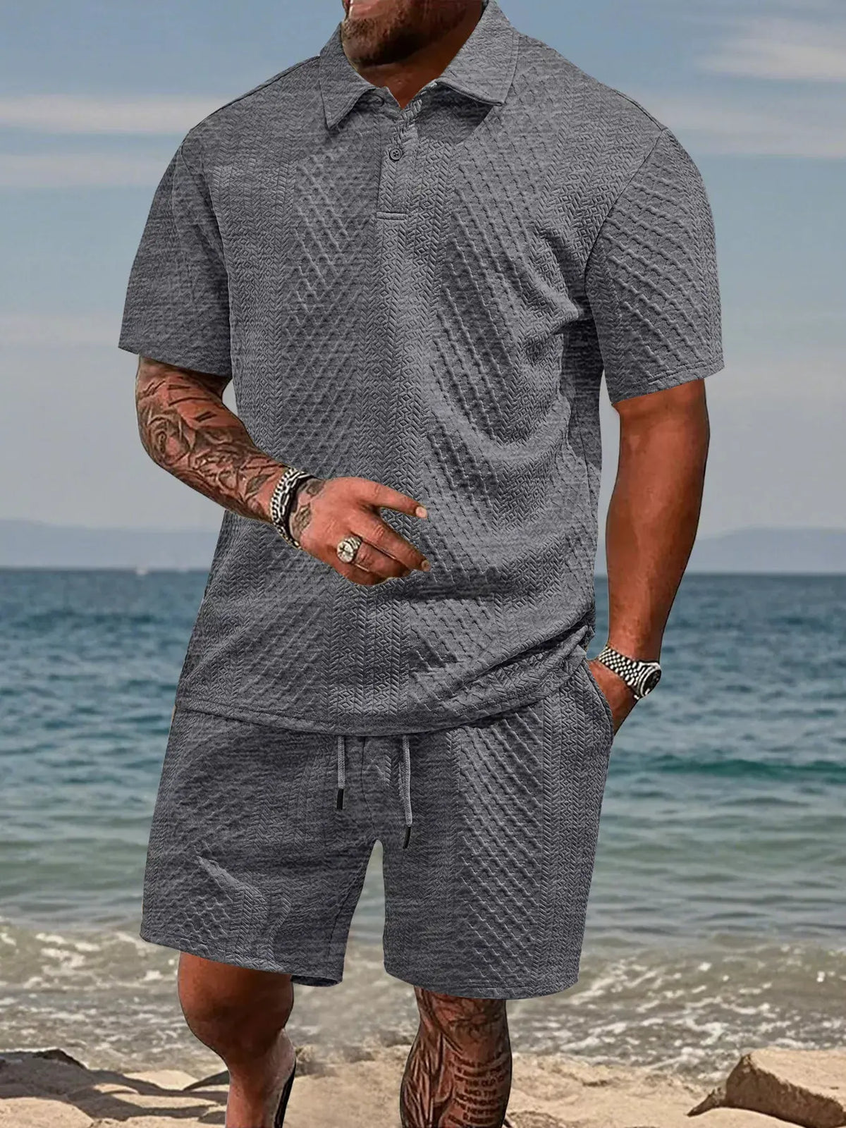 Men's Full Size Textured Knit Polo Shirt & Shorts Set Plus Size by Trendsi