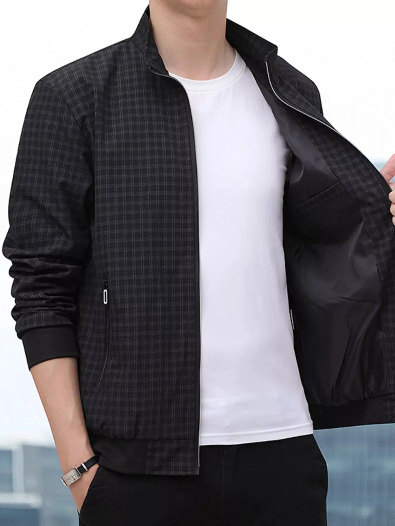 Men's Plus Size Plaid Lightweight Zip-Up Jacket by Partner Label