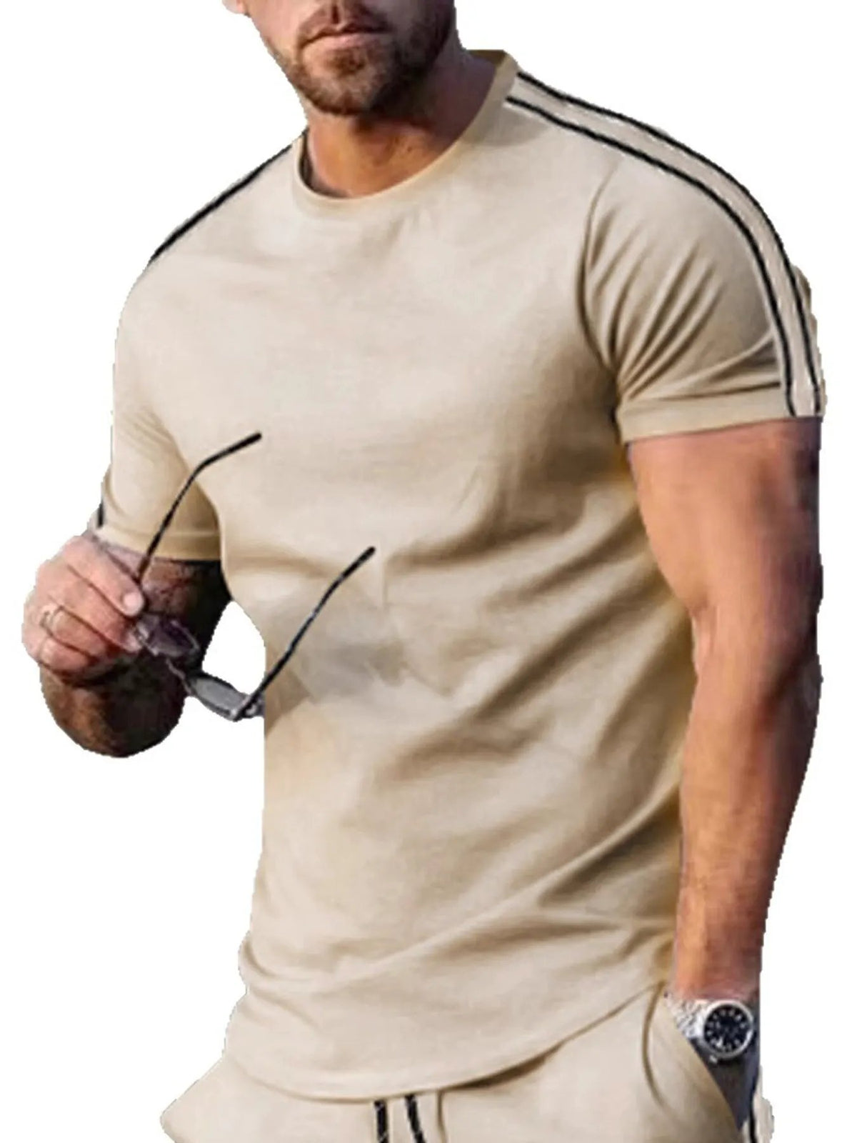 Men's Full Size Striped Shoulder Casual T-Shirt Plus Size by Trendsi