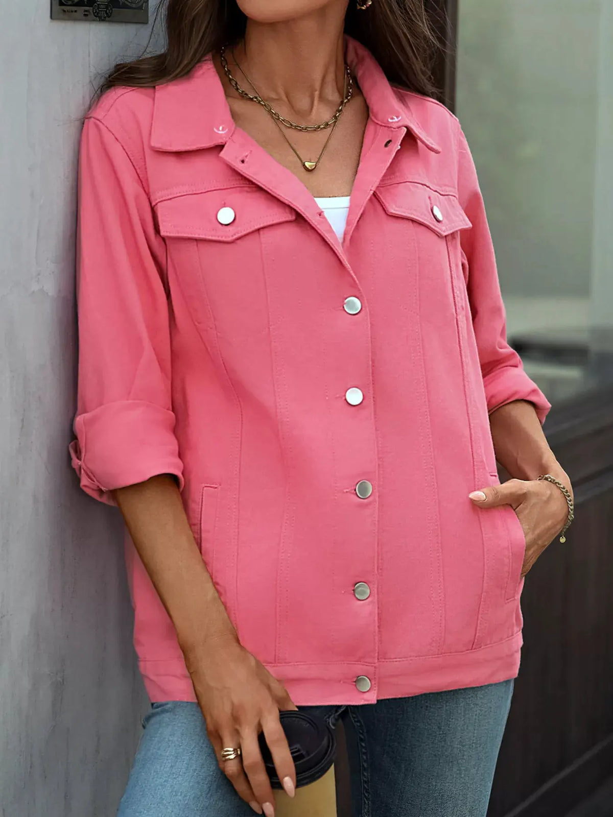 Button Up Long Sleeve Denim Jacket by Partner Label