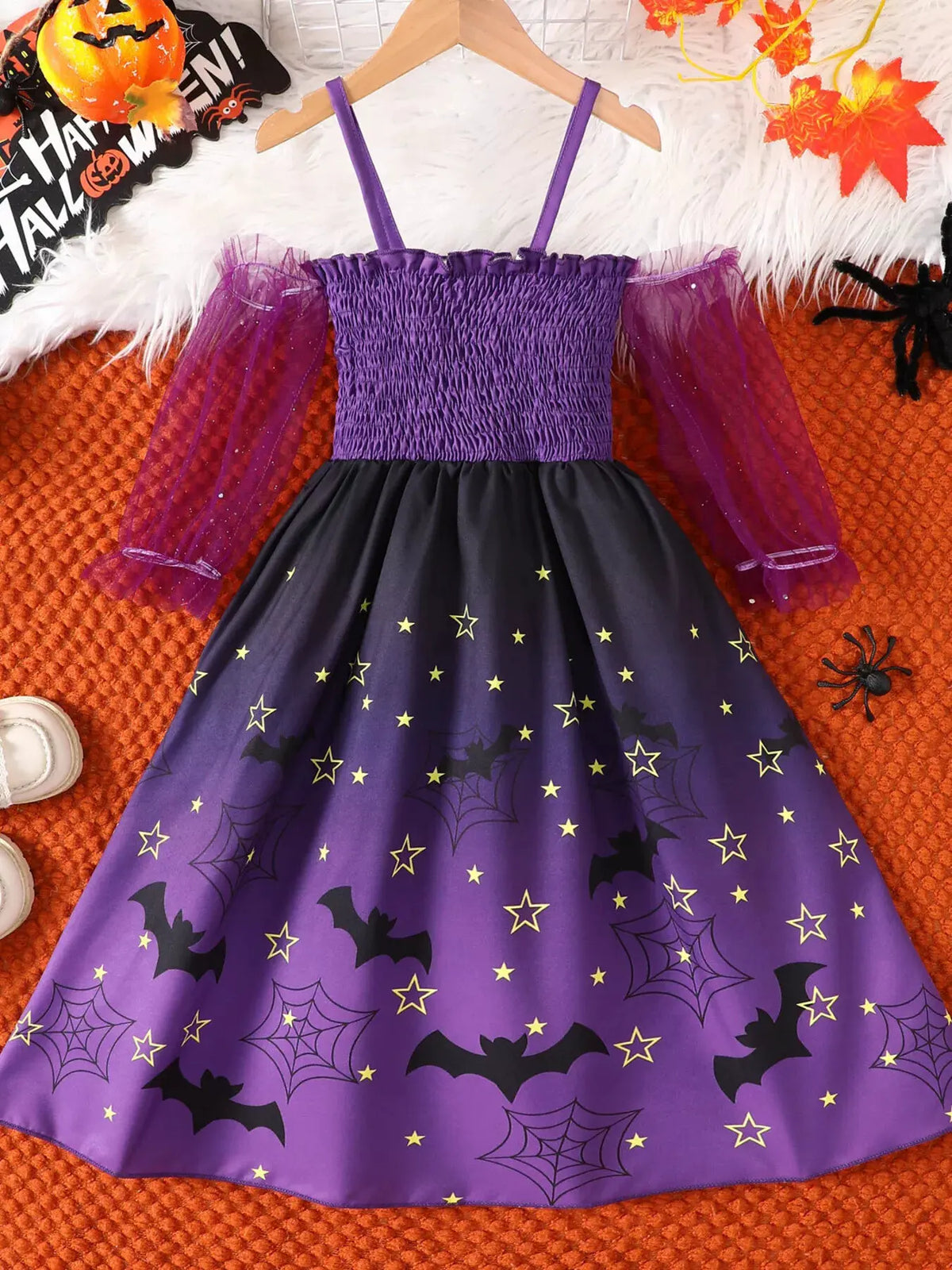 Children's Halloween Spaghetti Strap Romper with Tulle Sleeves and Starry Overlay by Trendsi