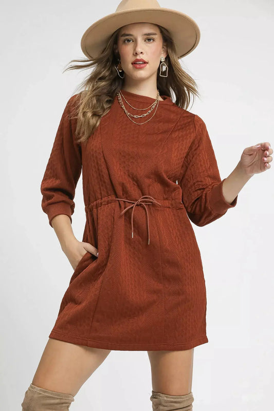 Umgee Drawstring Cable Knit Mini Dress with Pockets by Umgee