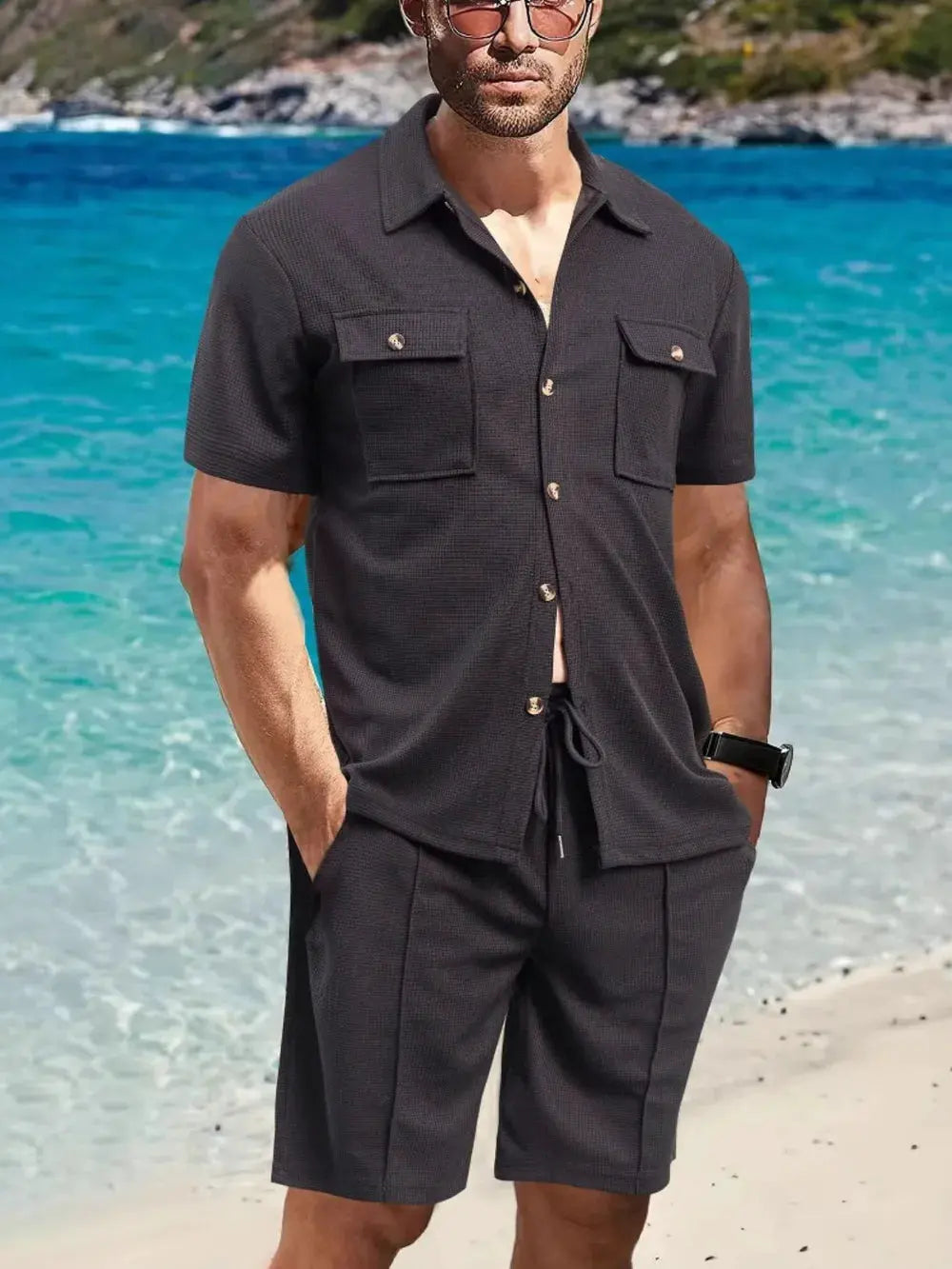 Men's Full Size Button Down Short Sleeve Top and Shorts Set Plus Size by Trendsi