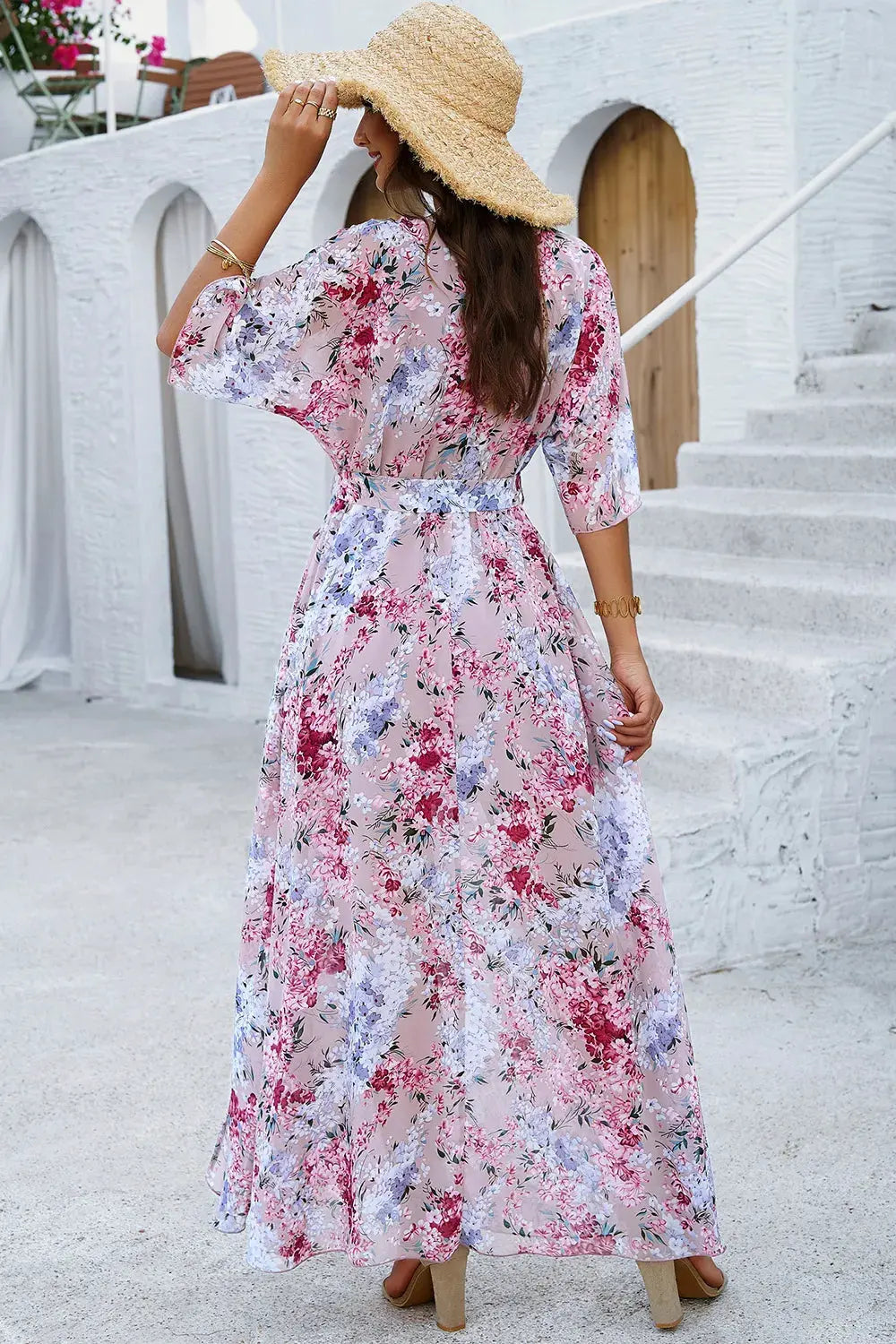 Devine Printed Tied Half Sleeve Slit Dress by Devine