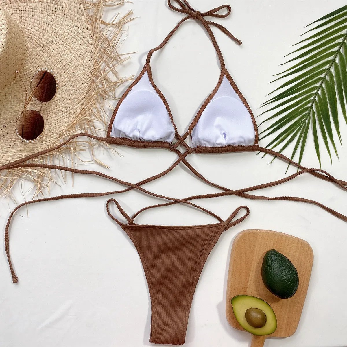Halter Neck Crisscross Ribbed Bikini Set by Partner Label