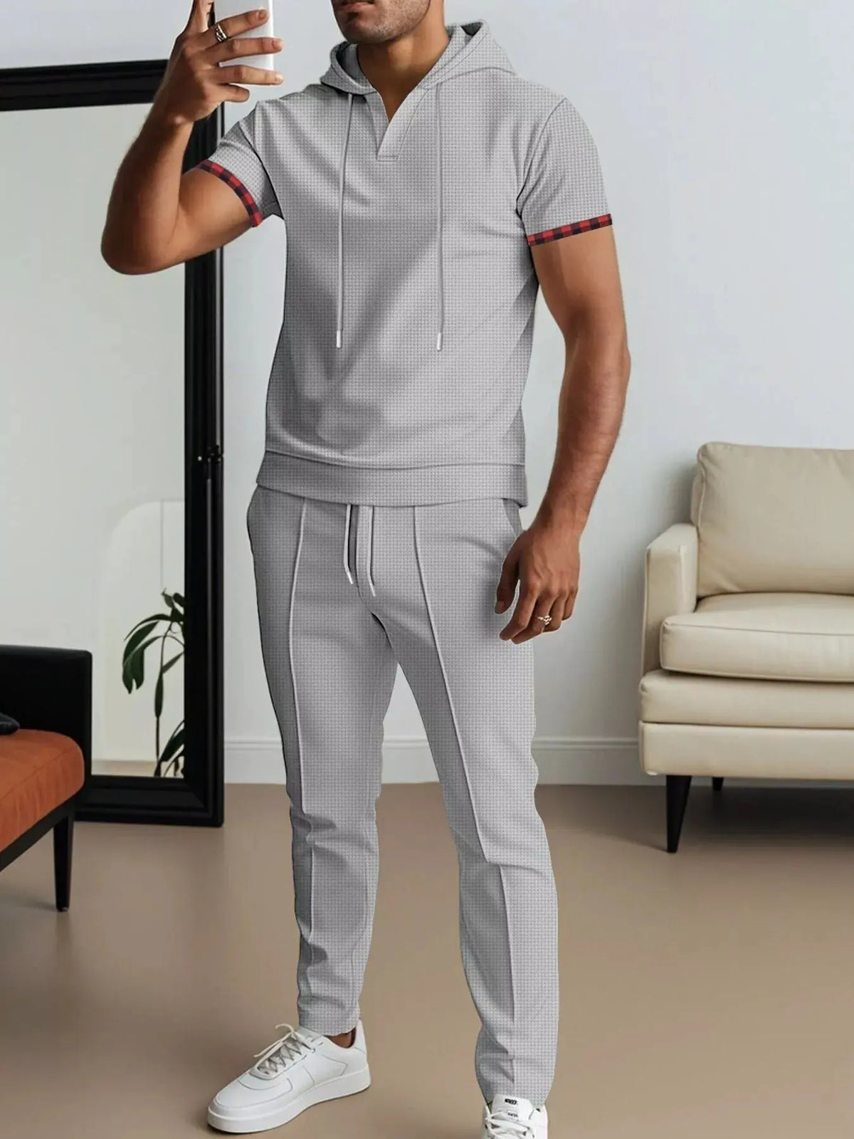 Men's Full Size Casual Short-Sleeve Hoodie and Pants Set Plus Size by Trendsi