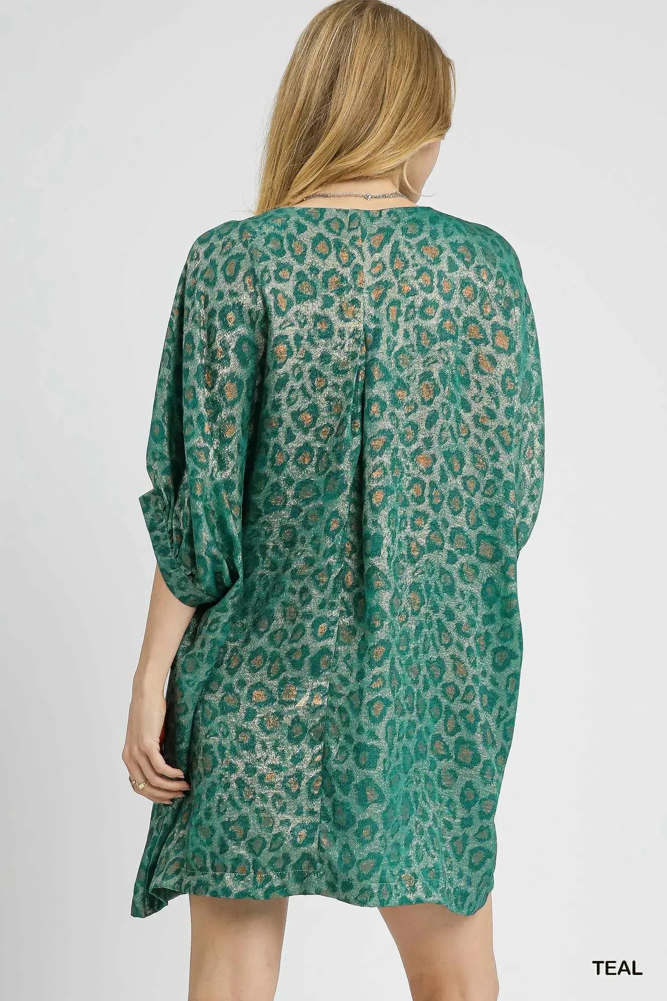 Umgee Metallic Leopard Print V-Neck Kimono Dress by Umgee