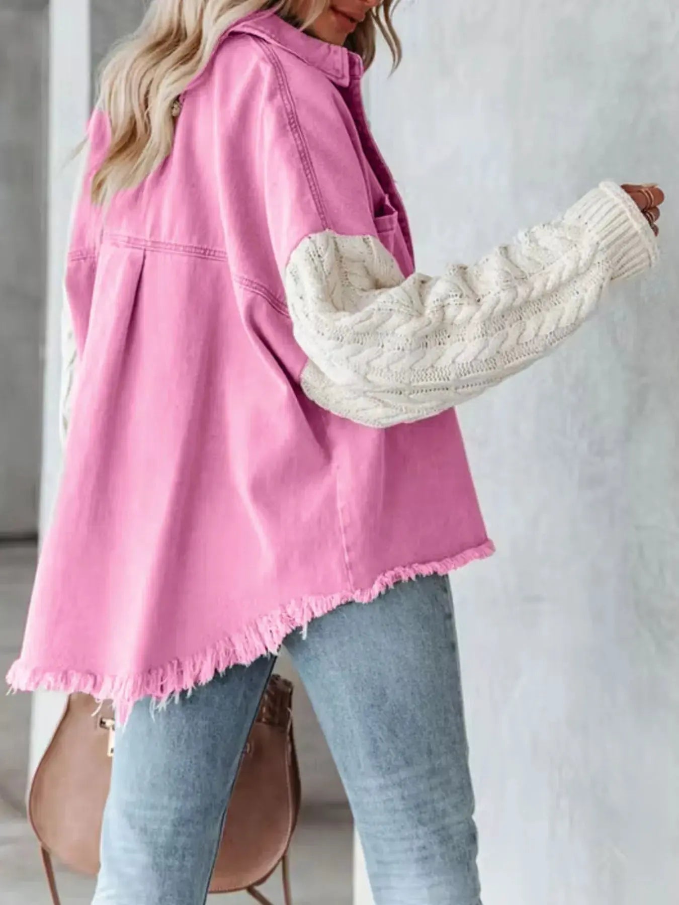 Full Size Raw Hem Button Up Patchwork Denim Jacket Plus Size by Partner Label