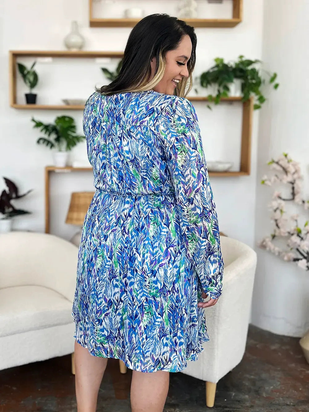 Double Take Full Size Printed Drawstring Waist Long Sleeve Dress by Double Take