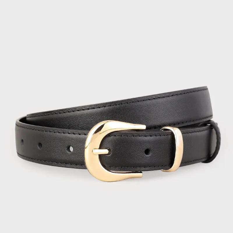 Leather Skinny Belt with Golden Buckle by Trendsi