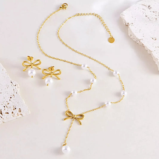 18K Gold-Plated Bowknot Pearl Jewelry Set by Partner Label