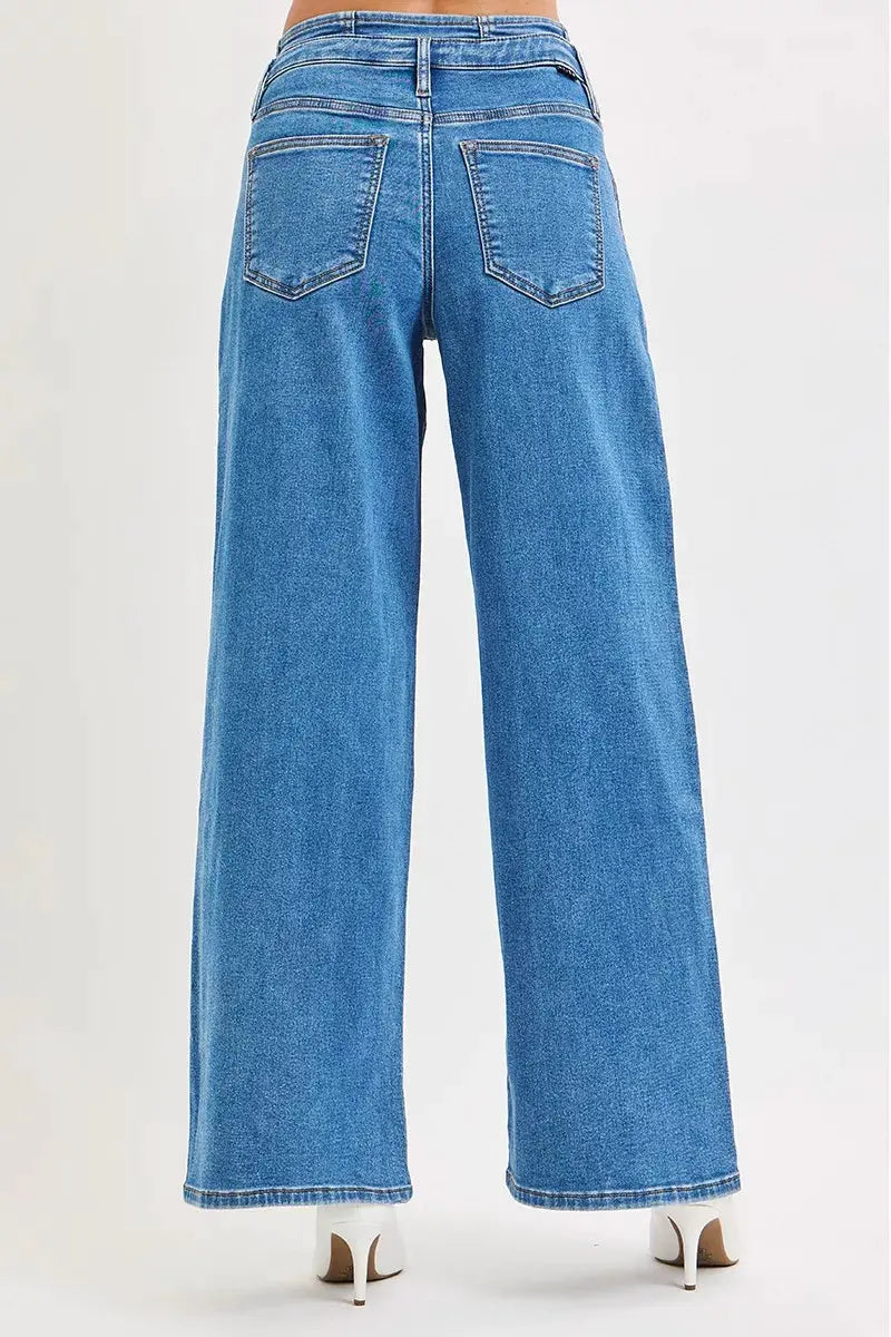RISEN Full Size Mid Rise Fit Wide Leg with Pleated Detail Jeans Plus Size by RISEN