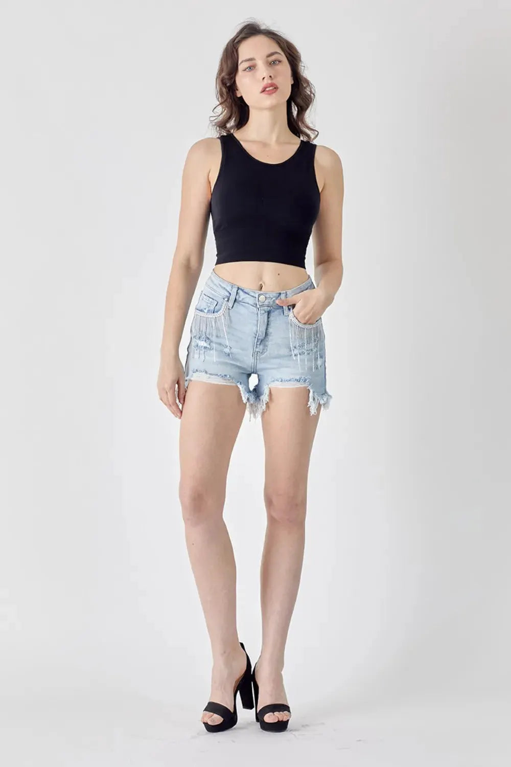RISEN Frayed Hem Denim Shorts with Fringe Detail Pockets by RISEN