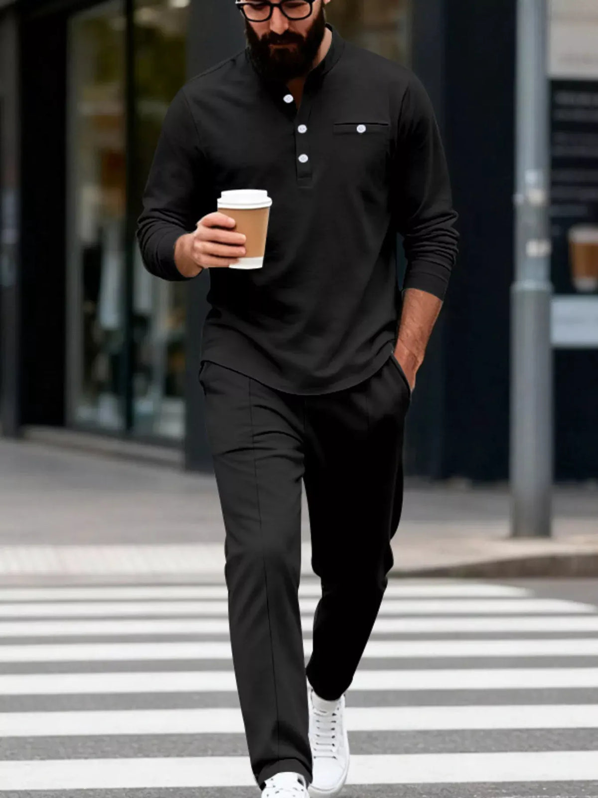 Men's Full Size Casual Long Sleeve Henley Top and Drawstring Joggers Set Plus Size by Trendsi