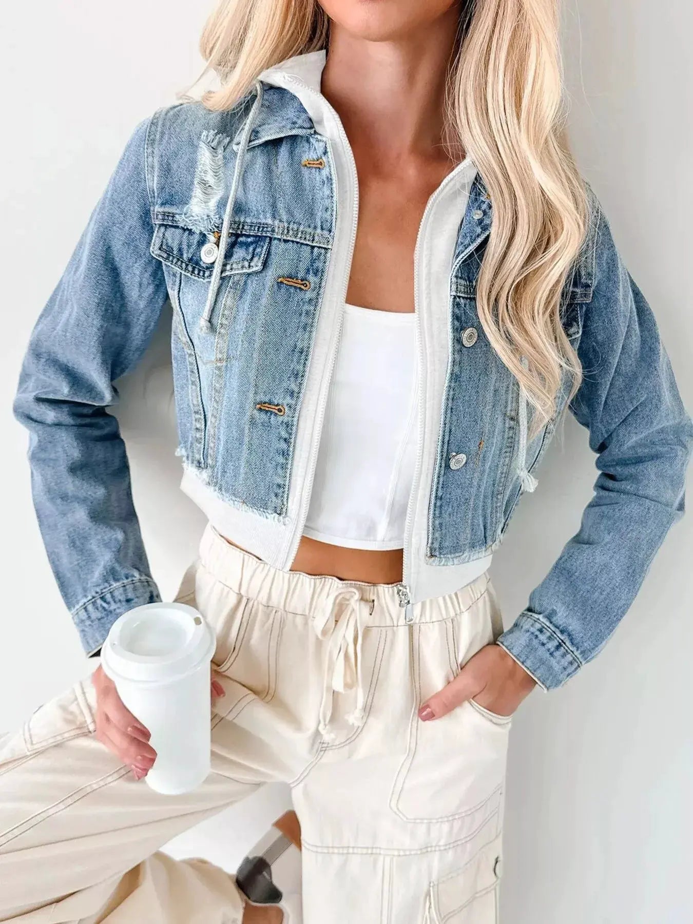 Distressed Zip Up Cropped Hooded Denim Jacket by Partner Label